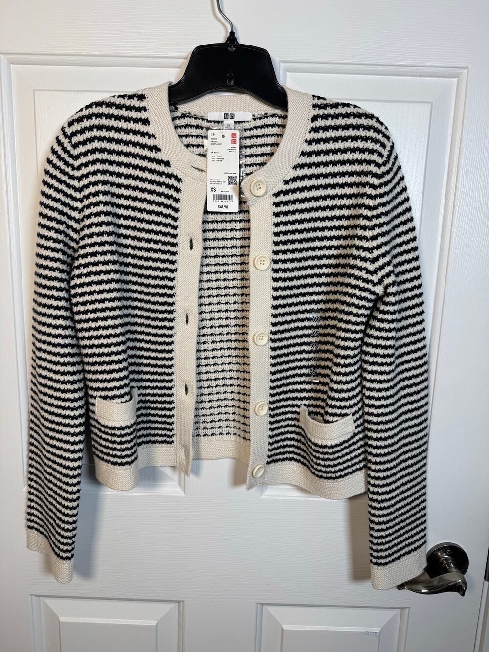 Uniqlo New Knitted Short Jacket Cardigan Sweater Striped White Navy XS